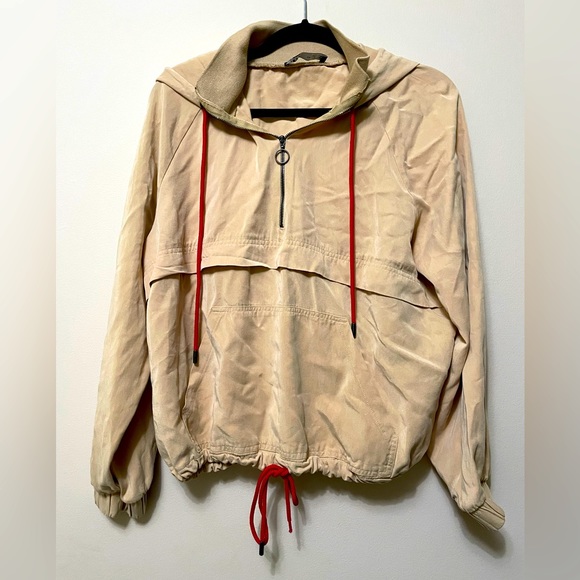 Zara Jackets & Blazers - ZARA Womens L Pullover Khaki Hoodie Top Jacket Beige 1/4 Zip Front Pocket Pouch